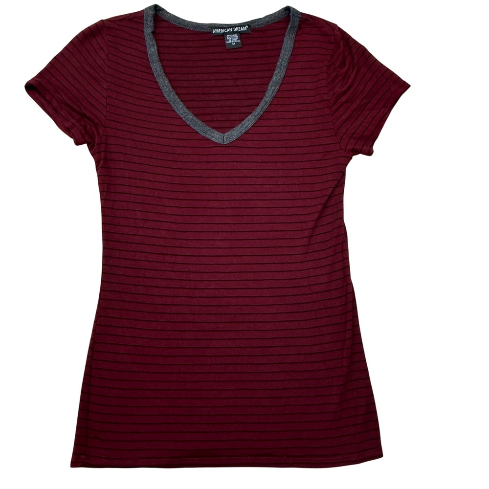 American Dream Womens V-Neck Short Sleeve Striped Top Burgundy Black Size M